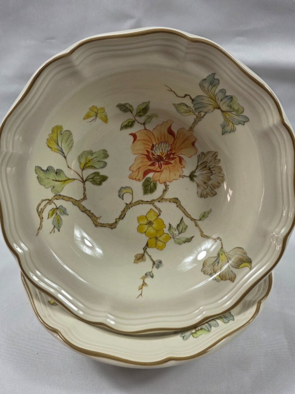 TWO Mikasa Tapestry Rim Soup Bowls Orange & Yellow Flowers